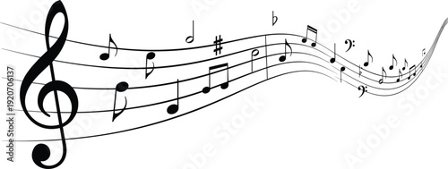 Flowing Musical Staff Illustration Featuring Treble Clef, Notes, Sharps, Flats, and Bass Clef Depicting Rhythm, Melody, and Artistic Music Concept