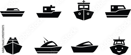 Set of minimalist boat icons and maritime vessel silhouettes including speedboats, cargo ships, and yacht symbols for nautical web design,