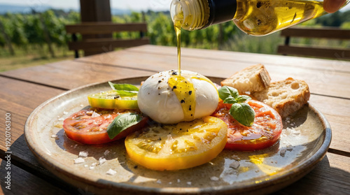 Pouring olive oil over fresh burrata cheese and heirloom tomatoes