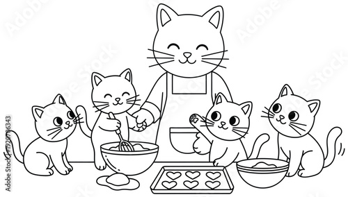 Cute Cat Family Baking Cookies Together Illustration, Kids Cartoon Kitchen Scene, Adorable Animal Coloring Page Line Art Vector