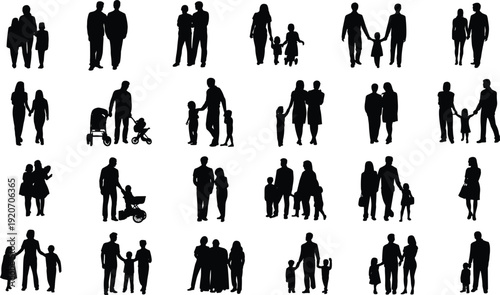 Silhouettes of families walking, parents with children, family moments, parent-child bond, happy family, 