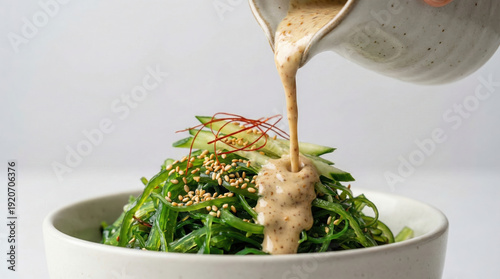 Pouring sesame dressing on fresh seaweed wakame salad