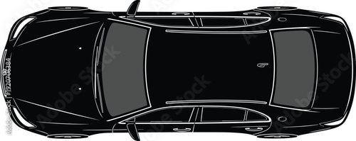 Top view black sedan car silhouette, isolated luxury vehicle vector icon for automotive design, transport branding, and commercial parking projects