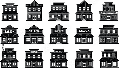 Wild West saloon silhouette set, old town wooden building icons, western architecture collection, vintage frontier storefront graphics, isolated town vector,