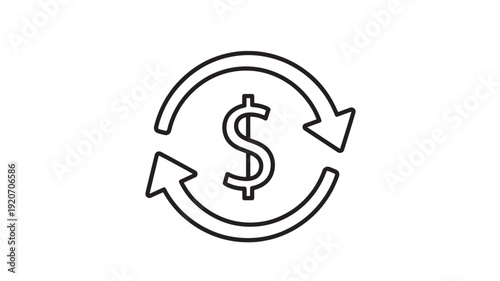 Dollar Sign with Circular Arrows in Simple Line Art Style on White Background for Finance Icon