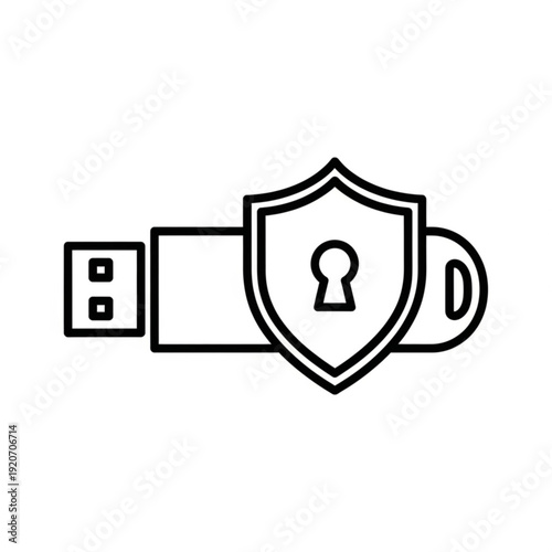 A minimalist vector graphic of a USB flash drive with a shield and keyhole, symbolizing secure data storage and protection