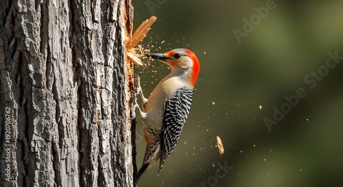 Red-bellied woodpecker pecking tree trunk with flying wood chips