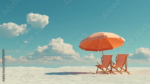 Relaxing beach scene with two chairs and an umbrella under a bright sky and soft clouds in a sunny location