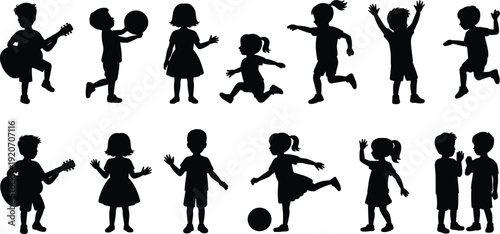 Silhouettes of happy children playing, running, dancing, holding guitar, ball, jumping, interacting, kids having fun, active outdoor childhood activities