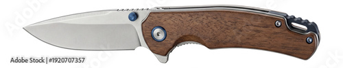 Folding pocket knife with serrated blade and wood handle.
