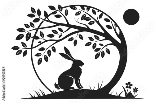 Easter Sunday silhouette blooming tree Black and white silhouette of a rabbit under a stylized blooming tree with full moon