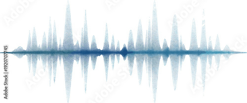 Blue Halftone Waveform Illustration Depicting Symmetrical Audio Signal, Sound Visualization, Frequency Pattern, Retro Graphic Style, and Abstract Music Concept