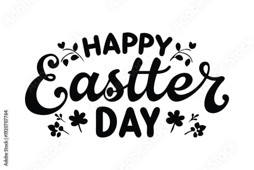 Happy Easter Day Easter Sunday silhouette blooming tree black text with decorative flowers and shamrocks on white background
