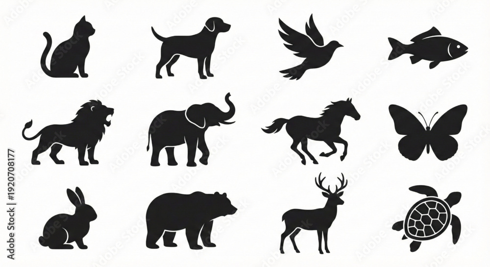 Fototapeta premium Wild Animals Silhouette Icons Set, Black Animal Shapes Collection on White Background
