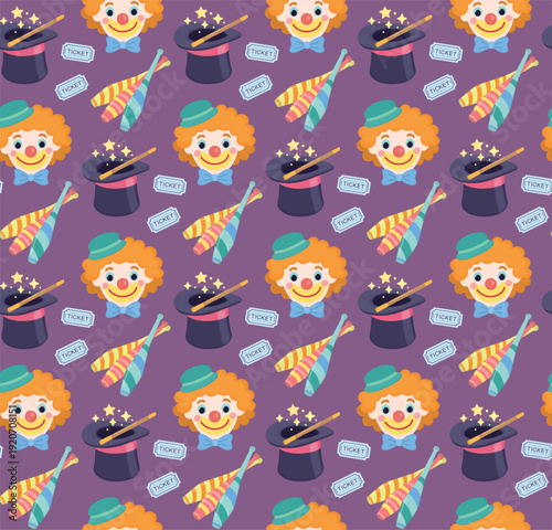 Seamless pattern of cute circus elements. Background with clowns, juggling pins, magician’s hats, and tickets.