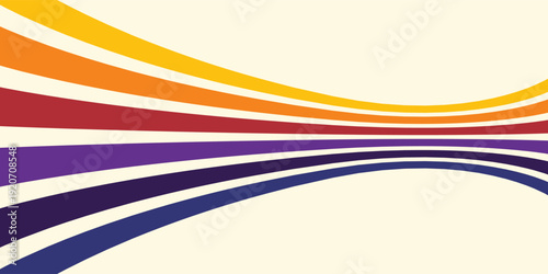 Abstract colorful 70s background vector. Vintage retro wallpaper with rainbow stripes and wavy lines. A 1970 color illustration suitable for posters, banners, decorative items and wall art.