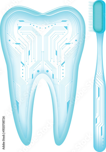 Human tooth and futuristic toothbrush with a technological circuit board. Orthodontics, dental care, oral hygiene. Innovative dentistry. Ideal for dentists, dental health apps and educational material