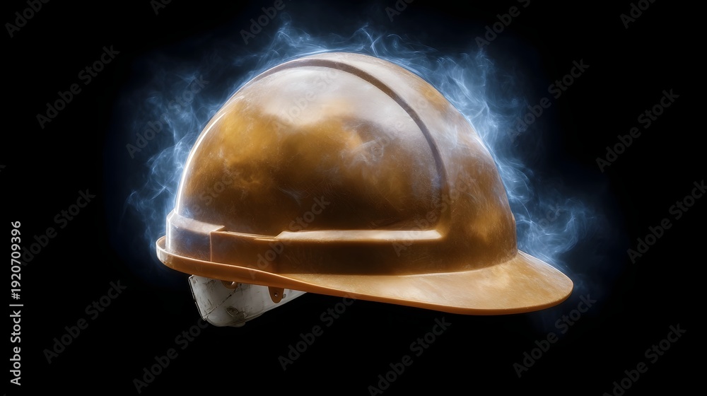 Fototapeta premium Orange hard hat radiating blue energy against a dark background