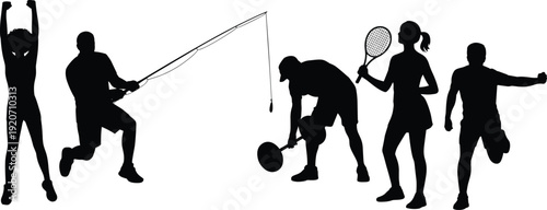 Silhouettes of people playing sports, fishing, exercising, lifting weights, tennis action, fitness activities, isolated vector design, black silhouette illustration