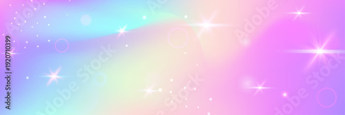 Unicorn Hologram. Pink Kawaii Background And Beautiful Princess Pattern. Purple Magic Gradient. Watercolor Girl Design In A Light Mermaid Backdrop. Blue Unicorn Hologram.