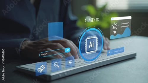 AI agents concept. Person typing keyboard with autonomous AI agent icons, intelligent automation, digital assistant system and smart workflow management.