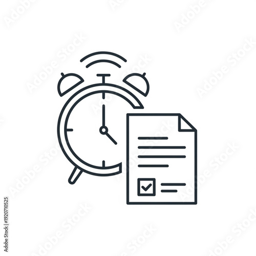 A minimalist vector graphic of an alarm clock ringing next to a checklist document