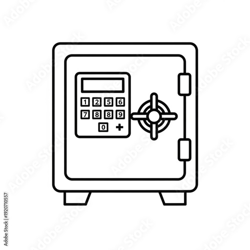 A black and white line art illustration of a safe with a keypad and dial