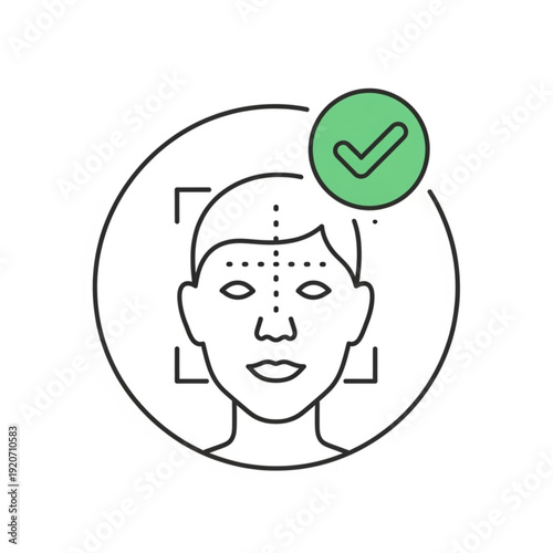 A vector graphic illustration of a face with facial recognition technology and a green checkmark