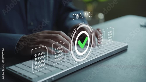 Regulatory compliance checklist concept. Person typing keyboard with digital check mark icons, standards verification, risk management and business certification process.