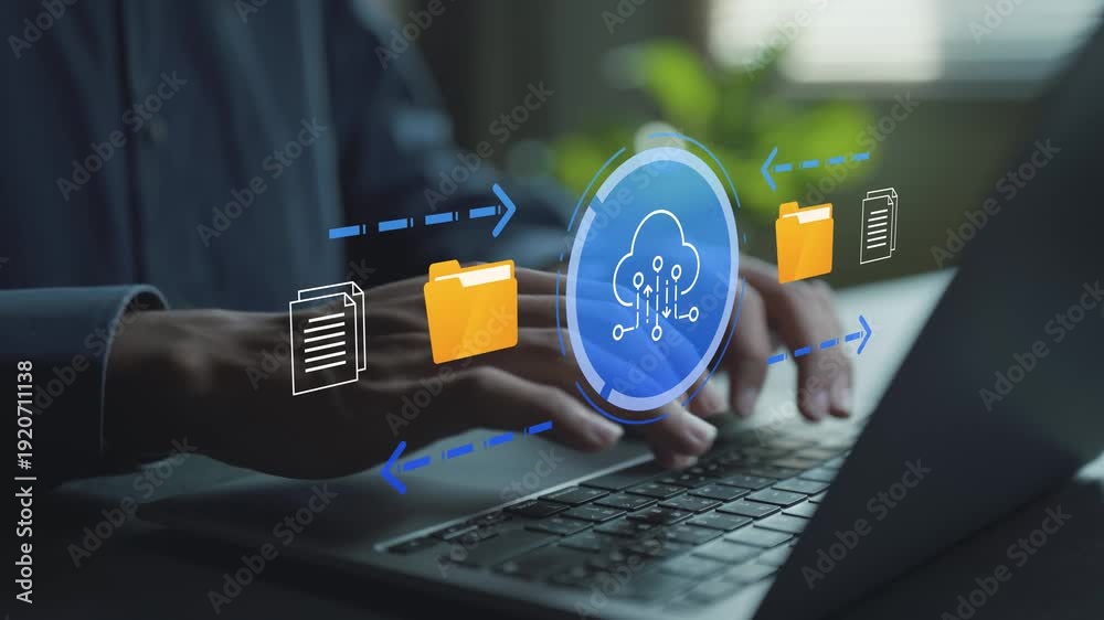 Cloud storage and data transfer concept. Person using laptop with cloud ...