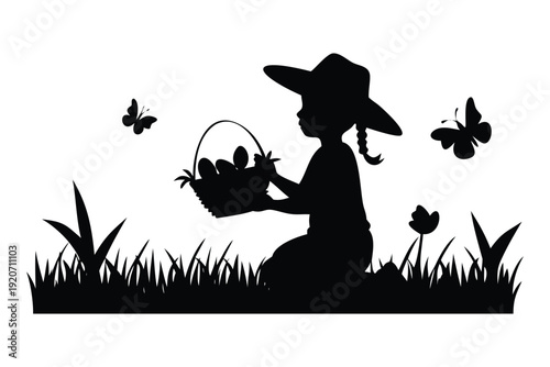 Silhouette of a child holding an egg basket in a grassy field with butterflies and flowers Easter Sunday silhouette children playing