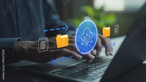 Cloud storage and data transfer concept. Person using laptop with cloud upload and download icons, secure file sharing, online backup and digital data management.