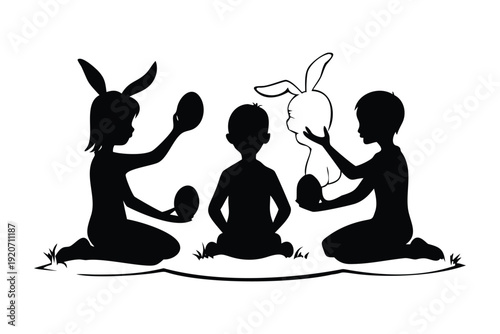 Silhouette of three children sitting holding Easter eggs and a rabbit mask in Easter Sunday silhouette children playing black and white