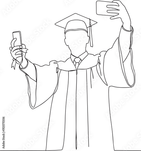 Outline of a graduate holding a diploma and taking a selfie with a smartphone, capturing the memorable moment of achievement.