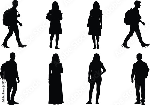 Silhouettes of students with backpacks, walking and standing poses, black vector people illustration, school college education concept design clipart