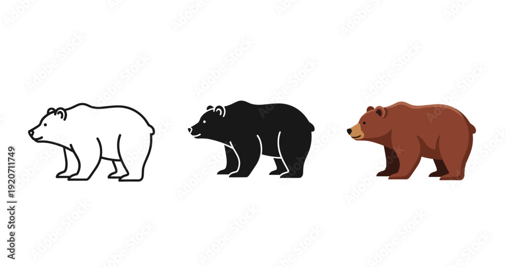 Fototapeta premium Triple bear illustrations: outline, silhouette, and colorful brown bear designs