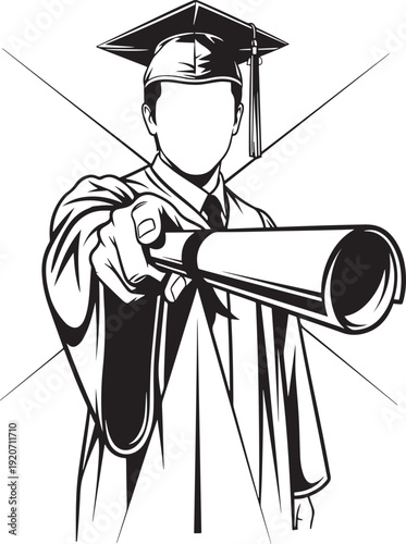 Graduate points forward holding a diploma, asserting confidence and directing towards future opportunities and success.