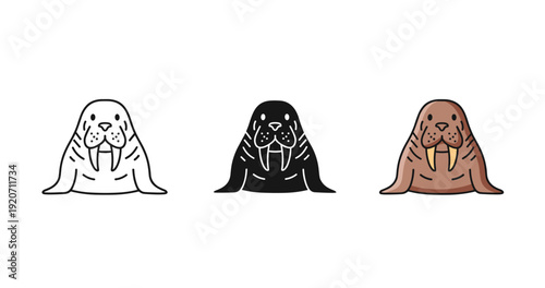 Walrus trio: black and white, silhouette, colorful variations