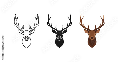 Outlined and colored deer illustrations with antlers on white background