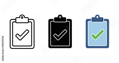 Set of three checklists with check marks in different styles and colors