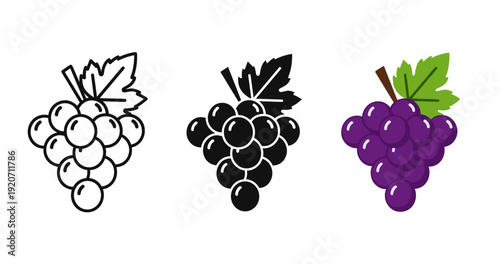 Grape icons: outline, silhouette, and colorful bunches with green leaves