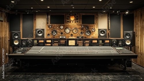 Studio mixing console, wooden room, recording, music production, background speakers