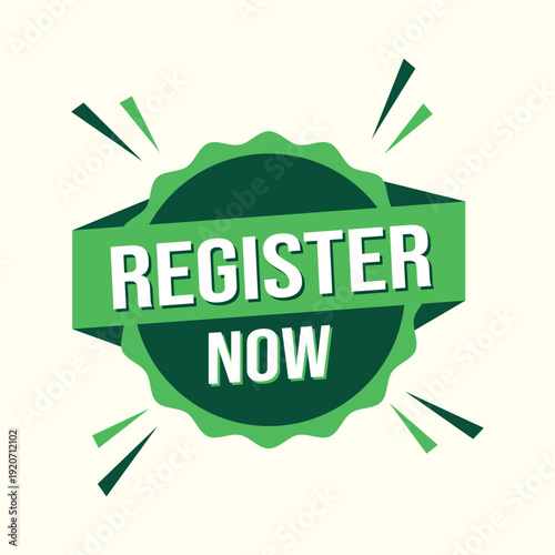 A vibrant green register now badge with radiating starburst elements