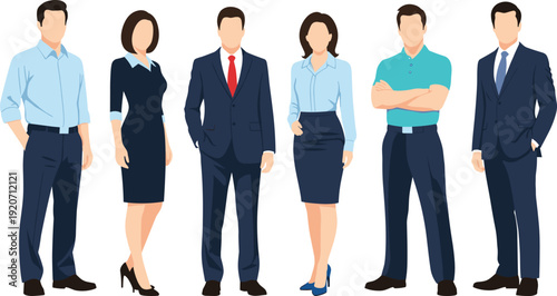 Flat vector illustration of professional business people group in formal office attire, men and women standing isolated on white background.