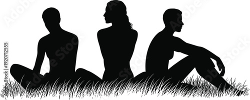 Silhouettes of three people sitting peacefully on grass, relaxing outdoors, nature, friendship, calm moment, summer day, casual pose, harmony, connection