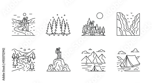 Outline nature scenes depict campers and mountain vistas.