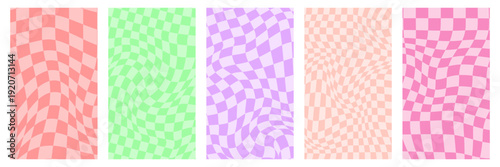 Distorted checkerboard swirl grid with wavy psychedelic checkered pattern, pastel pink, green, yellow and purple retro 70s Y2K backgrounds for creative posters, covers, textiles and web design