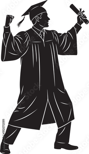 Dynamic silhouette of a triumphant graduate raising diploma and fist in celebration of academic success and accomplishment.