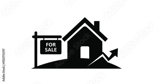 House for sale sign with rising arrow a dark silhouette