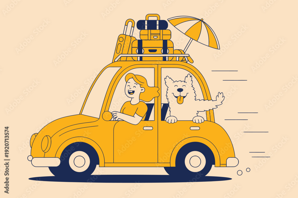Naklejka premium Woman driving a yellow car packed with luggage and dog on a road trip, happy summer vacation illustration